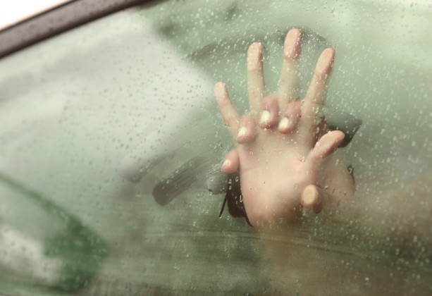 Couple holding hands having sex inside a car
