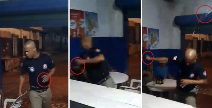 VÍDEO: Policial recebe garrafada na cabeça após agredir mulher em bar