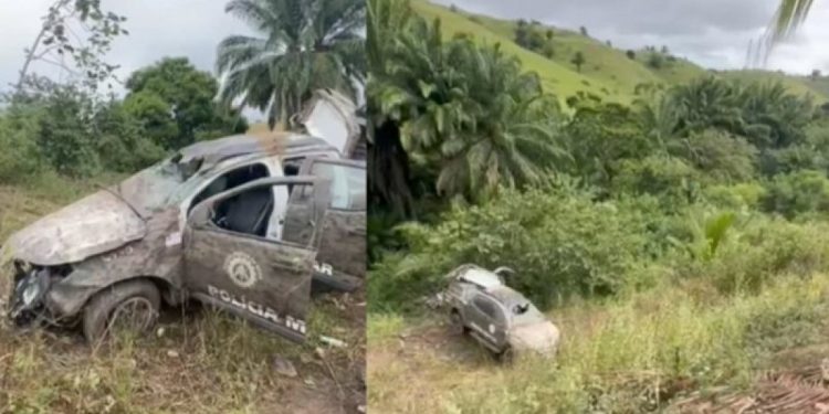 Viatura da PM cai de ribanceira e capota a caminho de operação