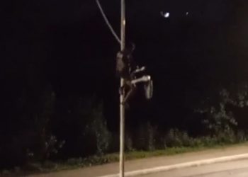 HOMEM-ARANHA DE CANDEIAS: Homem é flagrado pendurado em poste enquanto arranca fiação