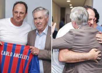 Ancelotti marca presença na Fonte Nova e é presenteado com camisa do Bahia