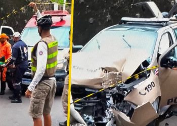 Viatura da PM perde controle e bate em mureta na Av. Gal Costa; três policiais ficam feridos