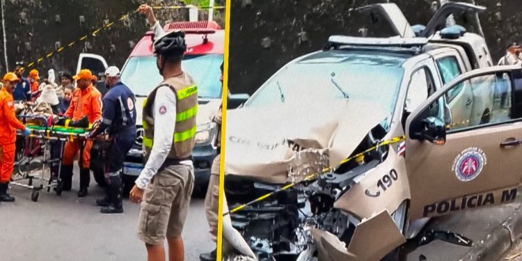 Viatura da PM perde controle e bate em mureta na Av. Gal Costa; três policiais ficam feridos