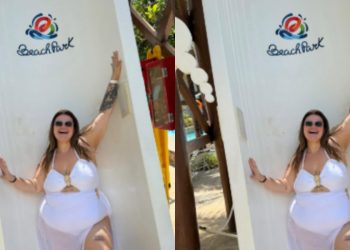 Após emagrecer 75kg, Thais Carla comemora descida em tobogã pela primeira vez