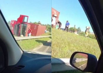 Caminhão tomba e carga é saqueada por moradores em Dias d’Ávila