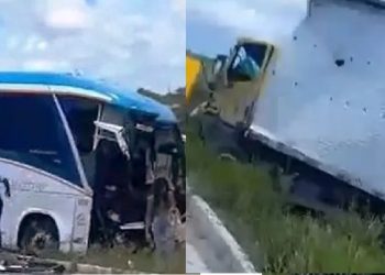 Colisão entre ônibus de viagem e caminhão baú deixa mortos na BR-324