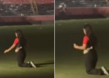 Torcedora do Vitória é flagrada atravessando o Barradão de joelhos após permanência na Série A